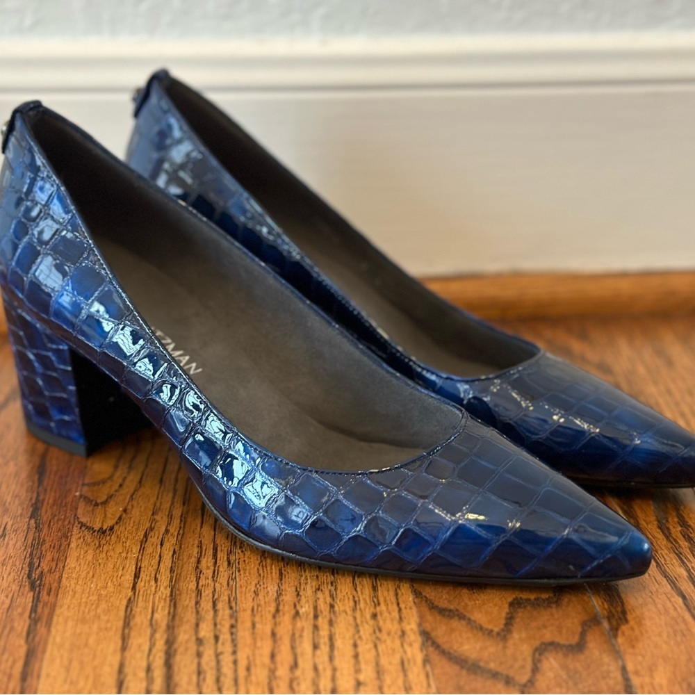 Stuart Weitzman Blue Croc Pattern Patent Leather Block Heels 9